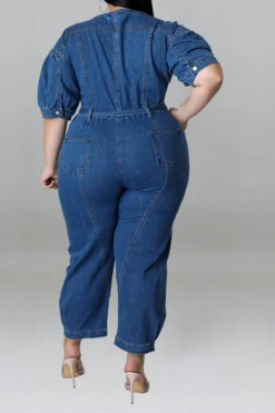 Solid Color Casual Zipper Denim Jumpsuit With Belt -Prettytina H22051108 NB 3