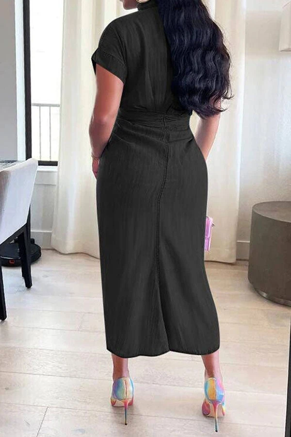 Solid Color Single Breasted On-trend Tie Front Ruched Denim Midi Dress 4 Solid Color Single Breasted On-trend Tie Front Ruched Denim Midi Dress - Image 4