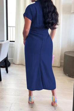 Solid Color Single Breasted On-trend Tie Front Ruched Denim Midi Dress 11 Solid Color Single Breasted On-trend Tie Front Ruched Denim Midi Dress -Prettytina H22051176 NB 2