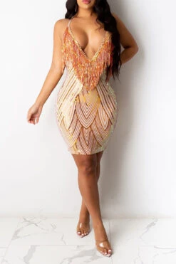 Tassel Patchwork Smart V Neck Cutout Mini Dress -Prettytina H22052425 GO 1