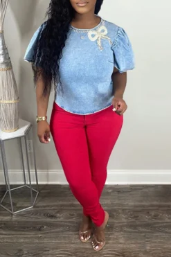 Beaded Bowknot Design Cute Denim T-Shirt