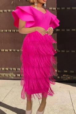 Rose Red Ruffle Sleeve Cute Tiered Tassel Midi Dress