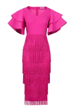 Rose Red Ruffle Sleeve Cute Tiered Tassel Midi Dress -Prettytina H22053133 RR 2 dde84576 39bb 4625 8208 3afa3bbe6f45