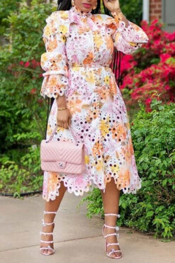 Floral Print Lace Stylish Single Breasted Midi Dress