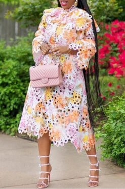 Floral Print Lace Stylish Single Breasted Midi Dress -Prettytina H22053135 RT 2 3e1b3022 d542 4d5b bfa2 31e03873607b