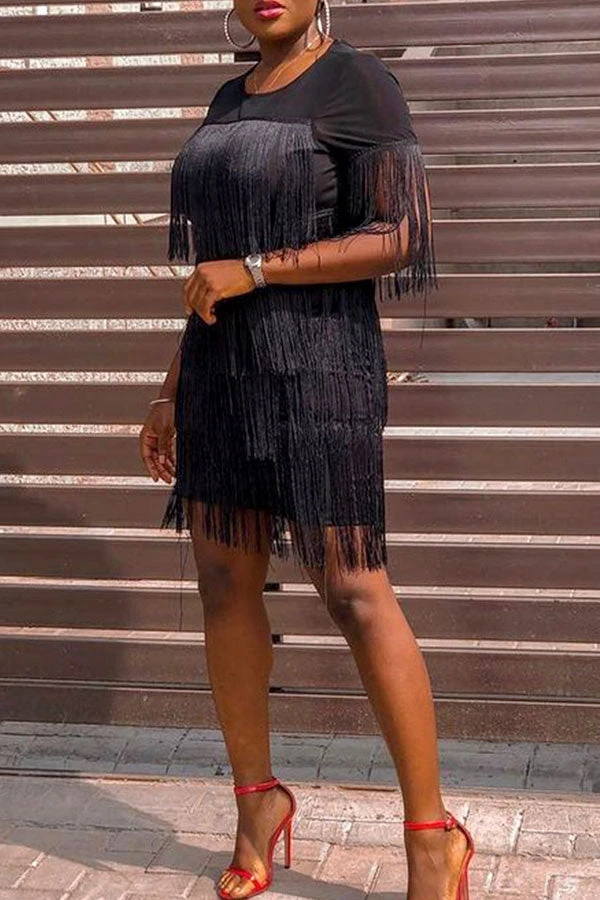 Black Smart Patchwork Tiered Tassel Mini Dress 1 Black Smart Patchwork Tiered Tassel Mini Dress