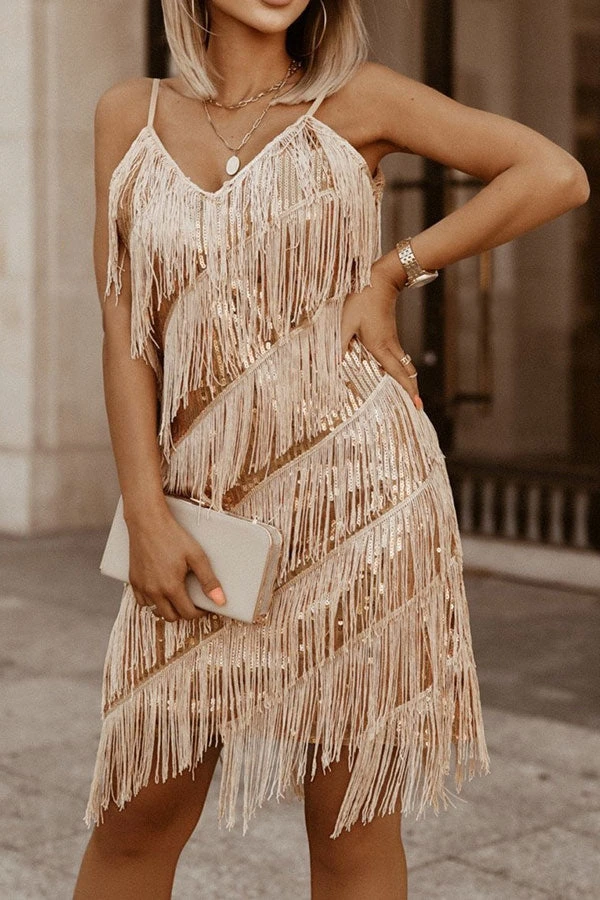 Sequined Unusual Tiered Tassel Mini Dress 1 Sequined Unusual Tiered Tassel Mini Dress
