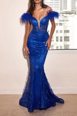 Floral Lace Rhinestone Glamorous Feather Patchwork Fishtail Maxi Dress