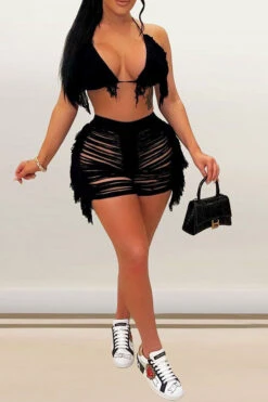 Solid Color Classic Ripped Cutout Tassel Knitted Beachwear -Prettytina H22060529 BK 1 cb516165 cfa6 4c27 b5f5 5ea280229c83