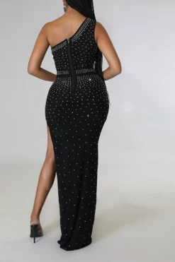 Rhinestone Feminine One Shoulder High Split Maxi Dress -Prettytina H22061452 BK 3 b3eb727f e58c 4f28 be6f 96306410ea8a
