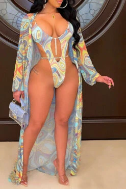 Ripple Print Modern Cutout Strappy Three Pieces