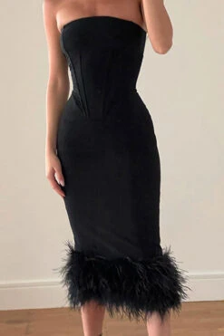 Black Stunning Feather Patchwork Bodycon Midi Dress -Prettytina H22062038 BK 1