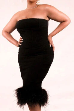 Black Stunning Feather Patchwork Bodycon Midi Dress -Prettytina H22062038 BK 2