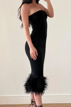 Black Stunning Feather Patchwork Bodycon Midi Dress -Prettytina H22062038 BK 5