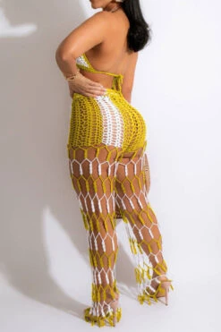 Color Block Feminine Fishnet Crochet Cutout Pant Suit Beachwear -Prettytina H22062061 YE 2 0fcd97a6 0b8d 415c a70d c2404adb8327
