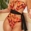 Abstract Print Cutout Beachy Lace-Up One Piece Swimwear