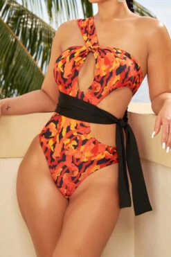 Abstract Print Cutout Beachy Lace-Up One Piece Swimwear