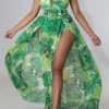 Leaf Print O-Ring Cutout Luxe High Split Maxi Dress