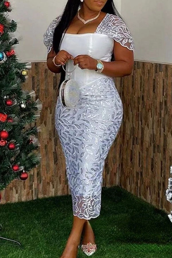 Leaf Lace Patchwork Sophisticated Split Back Midi Dress 1 Leaf Lace Patchwork Sophisticated Split Back Midi Dress