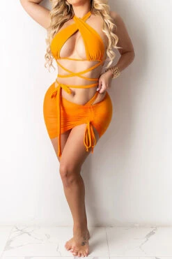 Solid Color Beachy Strappy Three Pieces