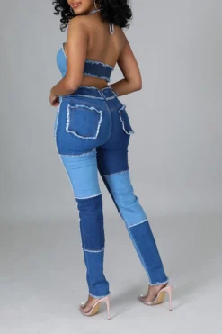 Color Block Burrs Patchwork Unique Cutout Denim Pant Suit 9 Color Block Burrs Patchwork Unique Cutout Denim Pant Suit -Prettytina H22071128 BL 4