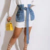 Letter Embroidery Modern Denim Patchwork Belted Mini Dress