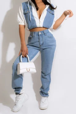 Blue Print Patchwork Casual Hooded Pant Suit -Prettytina H22071439 WH 1 e5f060d5 6d45 4c0d a85f 6b44d9d624f8