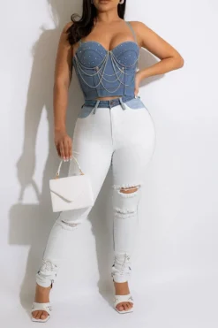 Rhinestone & Chain Decor Sweet Denim Vest