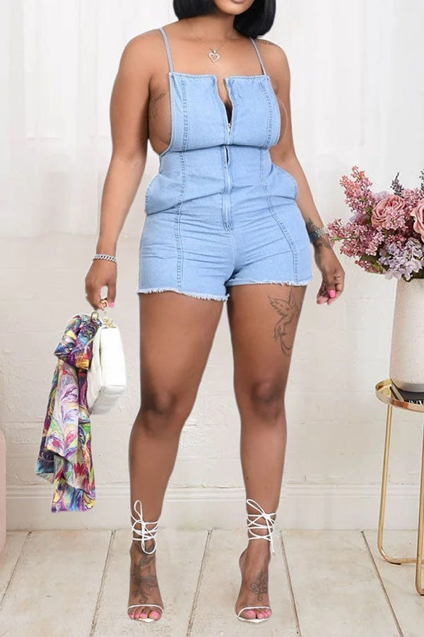 Solid Color Smart Cross Back Denim Romper 1 Solid Color Smart Cross Back Denim Romper
