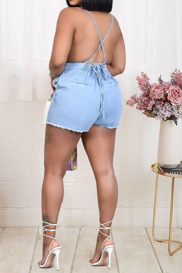 Solid Color Smart Cross Back Denim Romper 2 Solid Color Smart Cross Back Denim Romper - Image 2
