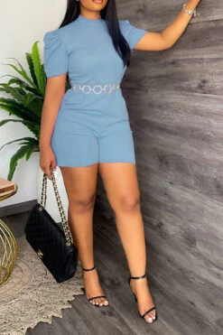 Solid Color Simple Romper With Chain Belt -Prettytina H22080860 BL 1