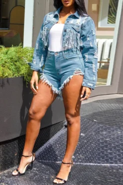 Ripped Stylish Tassel Hem Denim Jacket