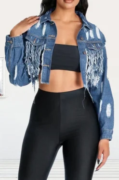 Ripped Stylish Tassel Hem Denim Jacket -Prettytina H22081527 NB 1