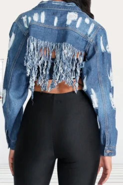 Ripped Stylish Tassel Hem Denim Jacket -Prettytina H22081527 NB 2