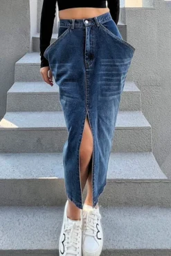 Solid Color Dramatic Pocket Design High Split Denim Skirt