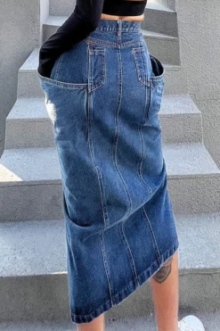 Solid Color Dramatic Pocket Design High Split Denim Skirt -Prettytina H22081535 NB 3 a64f7ea4 ed26 44f8 966e b4a3a67178bf