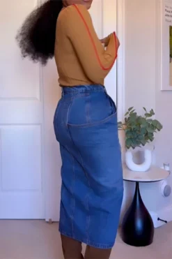 Solid Color Dramatic Pocket Design High Split Denim Skirt -Prettytina H22081535 NB 4 37de308f e46d 4614 946e 047eab83b554