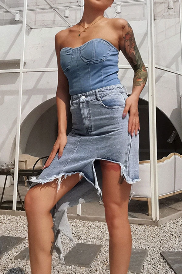 Unusual Asymmetric High Split Denim Skirt 2 Unusual Asymmetric High Split Denim Skirt - Image 2