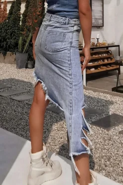 Unusual Asymmetric High Split Denim Skirt 9 Unusual Asymmetric High Split Denim Skirt -Prettytina H22081538 BL 5