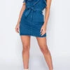 Ruffle Design Stunning Belted Denim Mini Dress