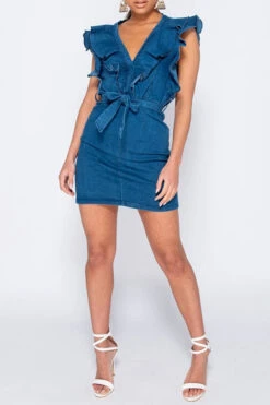Ruffle Design Stunning Belted Denim Mini Dress