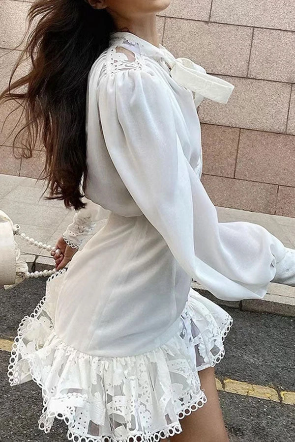 Lace Patchwork Retro Ruffle Hem Mini Dress 2 Lace Patchwork Retro Ruffle Hem Mini Dress - Image 2