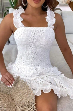 Strap Shirred Lace Sweet Ruffle Mini Dress