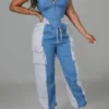 Denim Patchwork Sporty Pocket Design Pant Suit