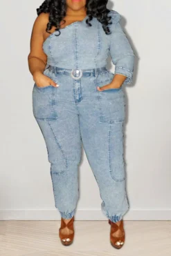 Solid Color Cool One Shoulder Denim Pant Suit