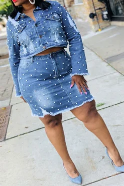 Beaded Decor Elegant Ripped Denim Dress Suit