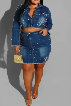 Beaded Decor Elegant Ripped Denim Dress Suit -Prettytina H22081998 NB 1