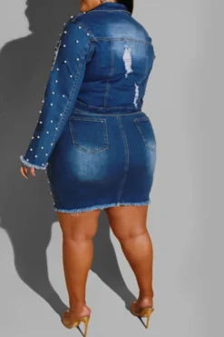 Beaded Decor Elegant Ripped Denim Dress Suit -Prettytina H22081998 NB 2