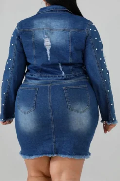 Beaded Decor Elegant Ripped Denim Dress Suit -Prettytina H22081998 NB 3