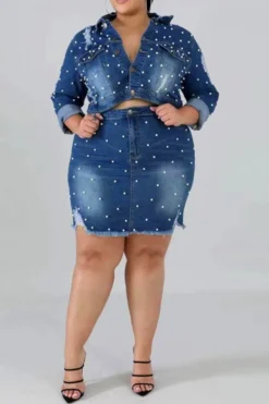 Beaded Decor Elegant Ripped Denim Dress Suit -Prettytina H22081998 NB 4